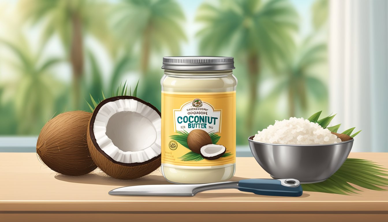 A jar of coconut butter sits on a kitchen counter, surrounded by fresh coconuts and a can opener. The label on the jar indicates the expiration date