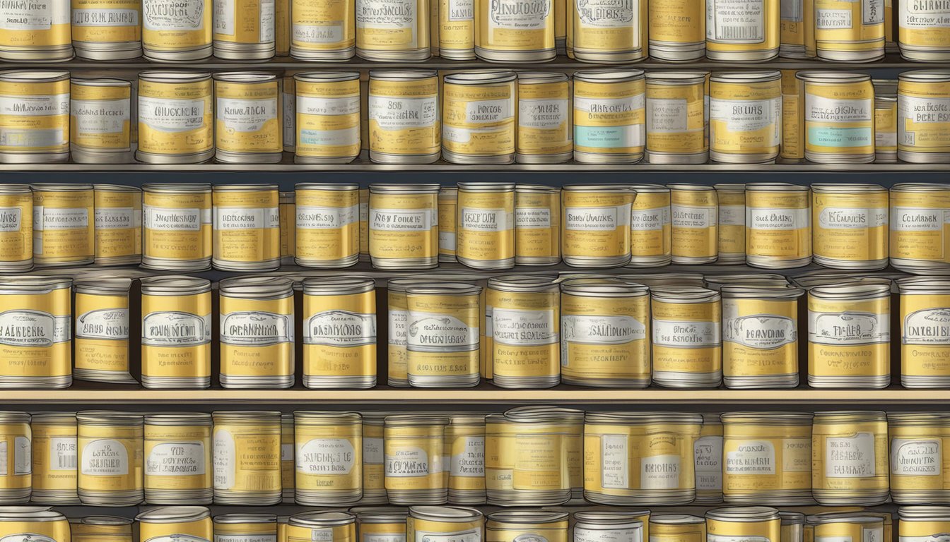 A shelf with rows of canned duck fat, some with expiration dates