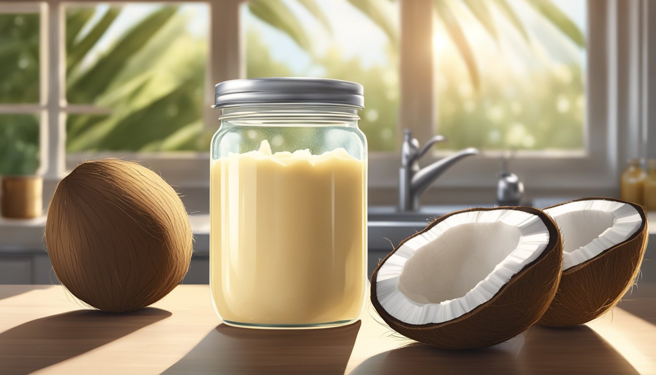 A jar of coconut butter sits on a kitchen counter, surrounded by fresh coconuts and a coconut grater. Sunlight streams in through the window, highlighting the creamy texture of the butter