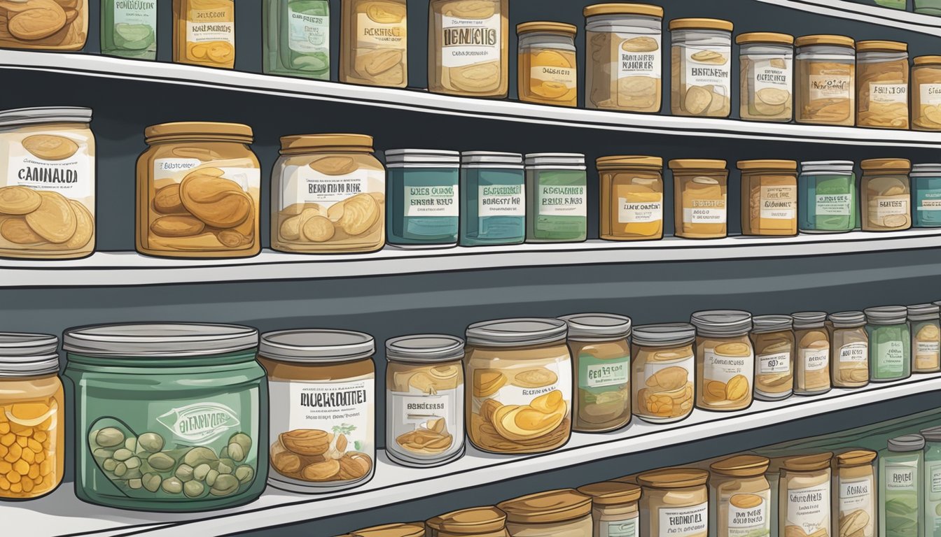 A pantry shelf with neatly organized canned goods, including a jar of duck fat, with a clear expiration date label