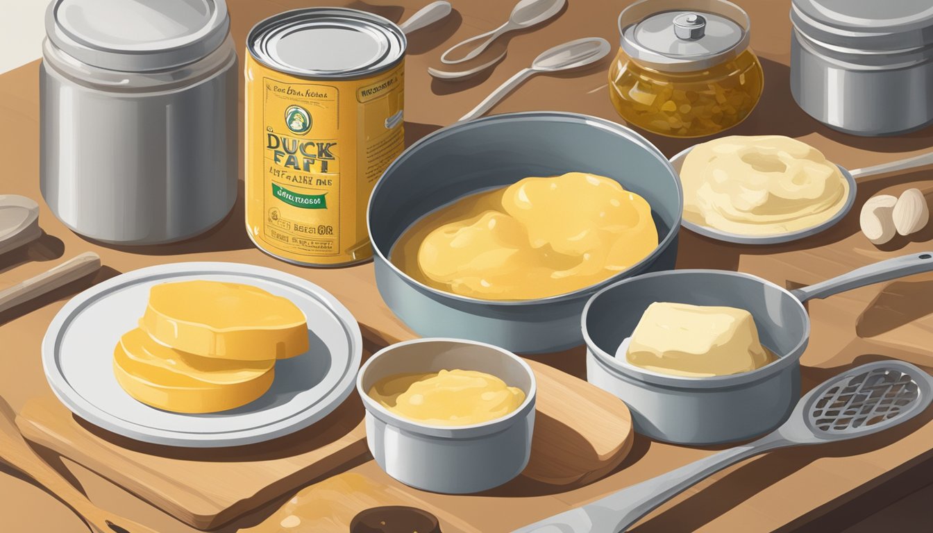 An open can of duck fat sits on a kitchen counter, surrounded by various cooking utensils and ingredients. The lid is discarded nearby, and the fat inside appears fresh and golden in color