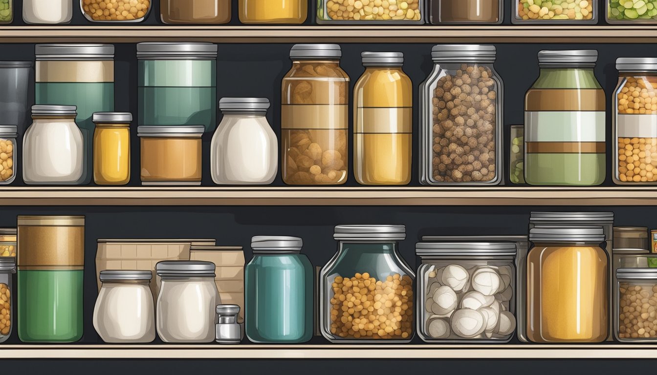 A pantry shelf with neatly organized canned goods, including a tin of duck fat, surrounded by various cooking ingredients and utensils