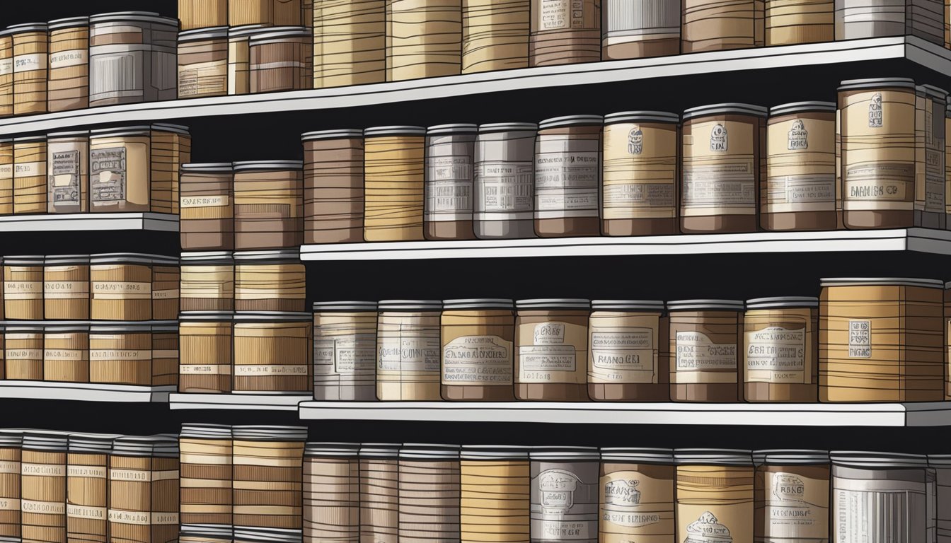 A pantry shelf with rows of neatly stacked canned fig paste, some with expiration dates clearly printed on the labels