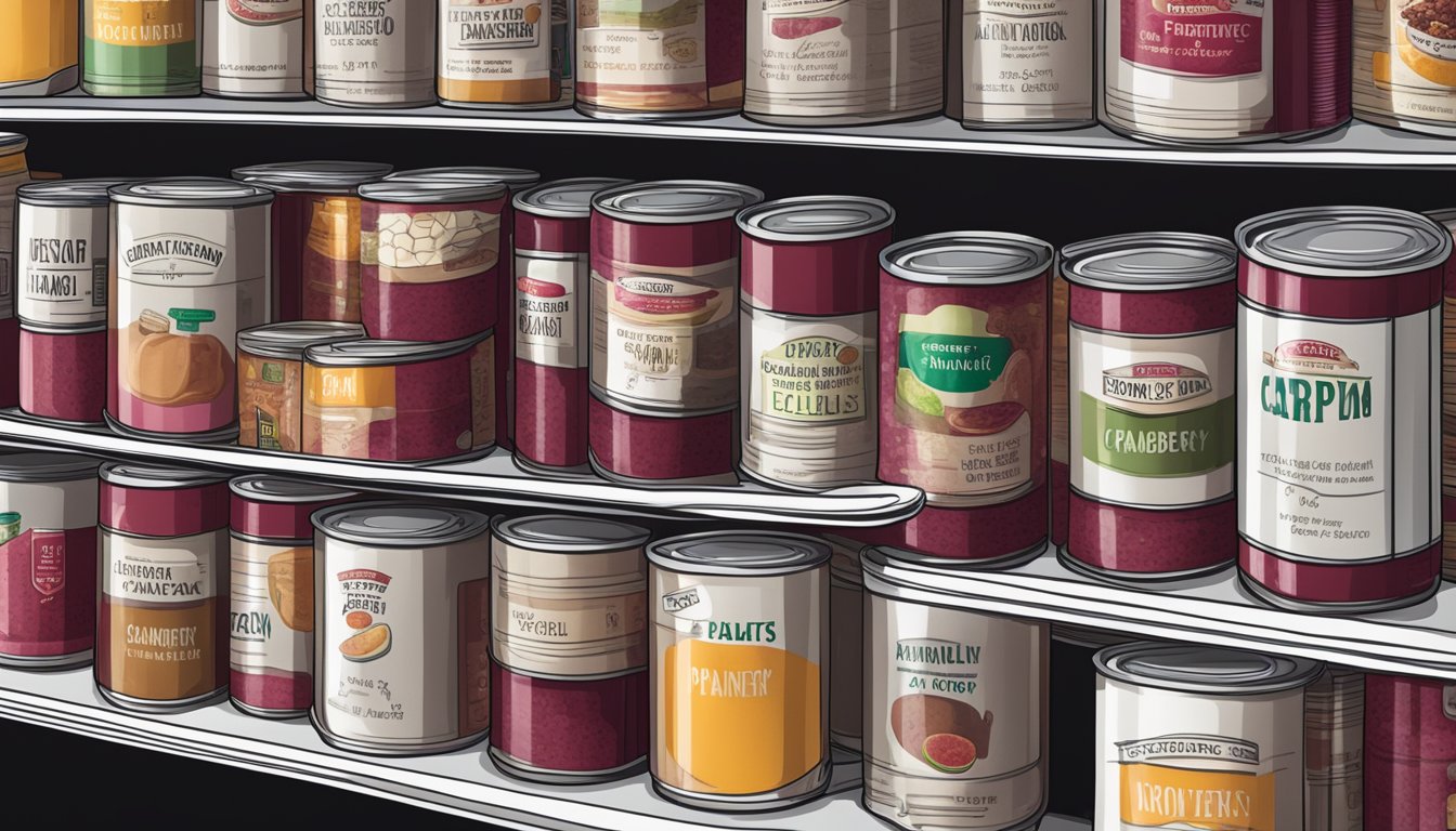 A pantry shelf with various canned goods, including a can of cranberry paste, with a clear expiration date label