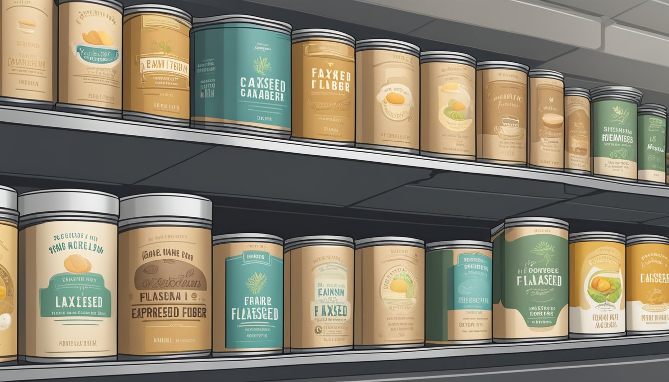 A pantry shelf with a row of neatly organized canned flaxseed fiber, with expiration dates clearly labeled on each can