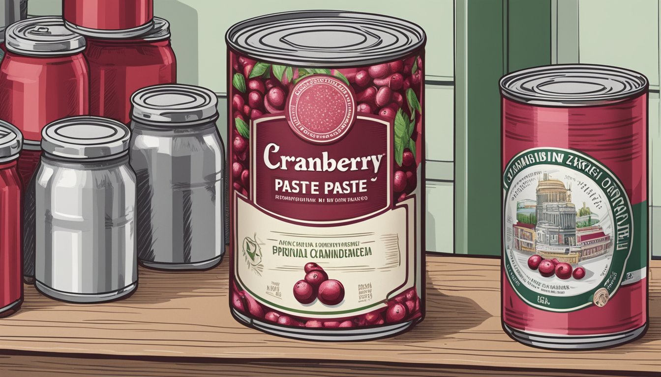 A can of cranberry paste sits on a shelf, surrounded by other canned goods. The label indicates the expiration date, and the can appears undamaged