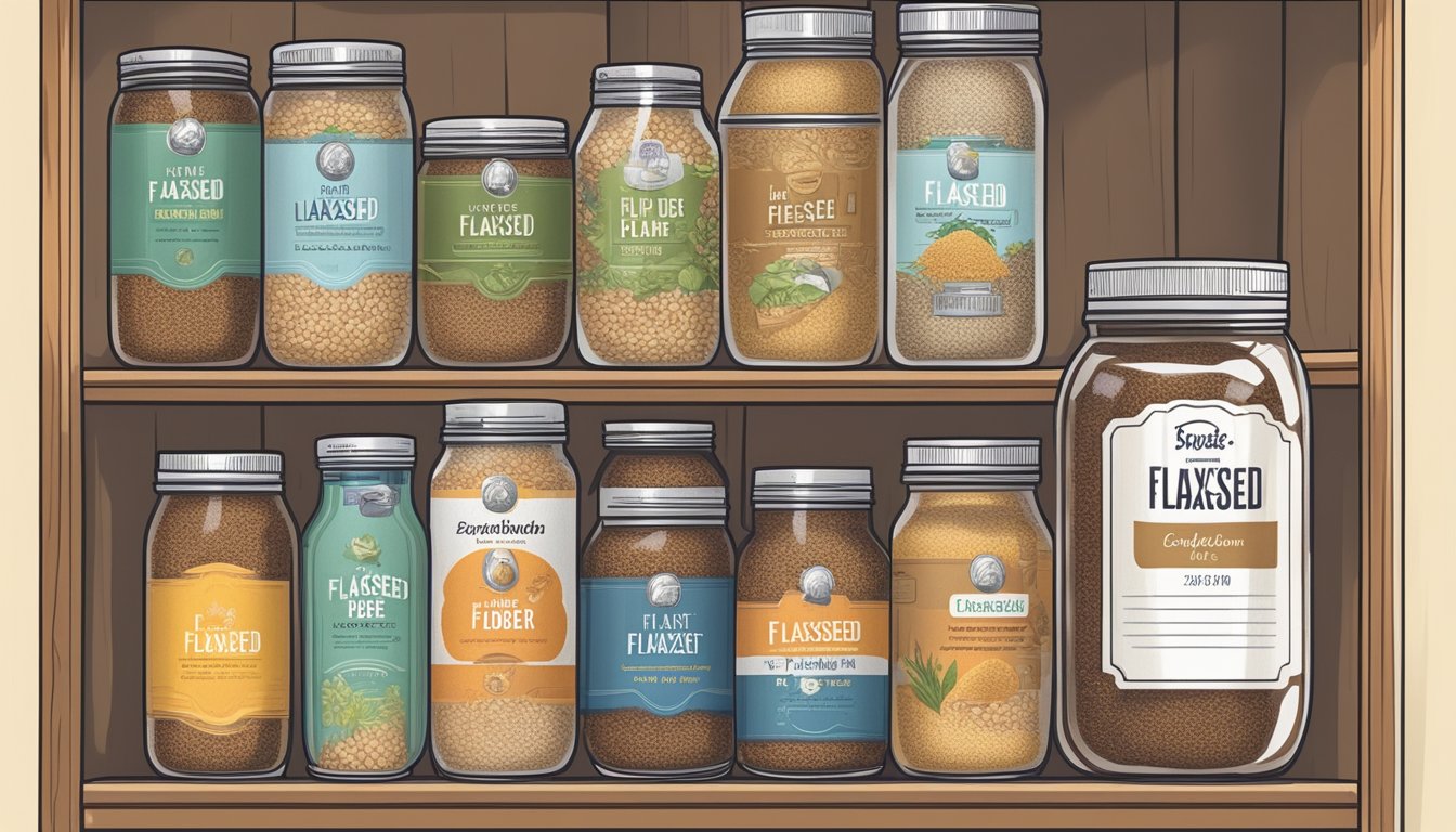 A glass jar of flaxseed fiber sits on a kitchen shelf, surrounded by other canned goods. The label on the jar indicates the expiration date