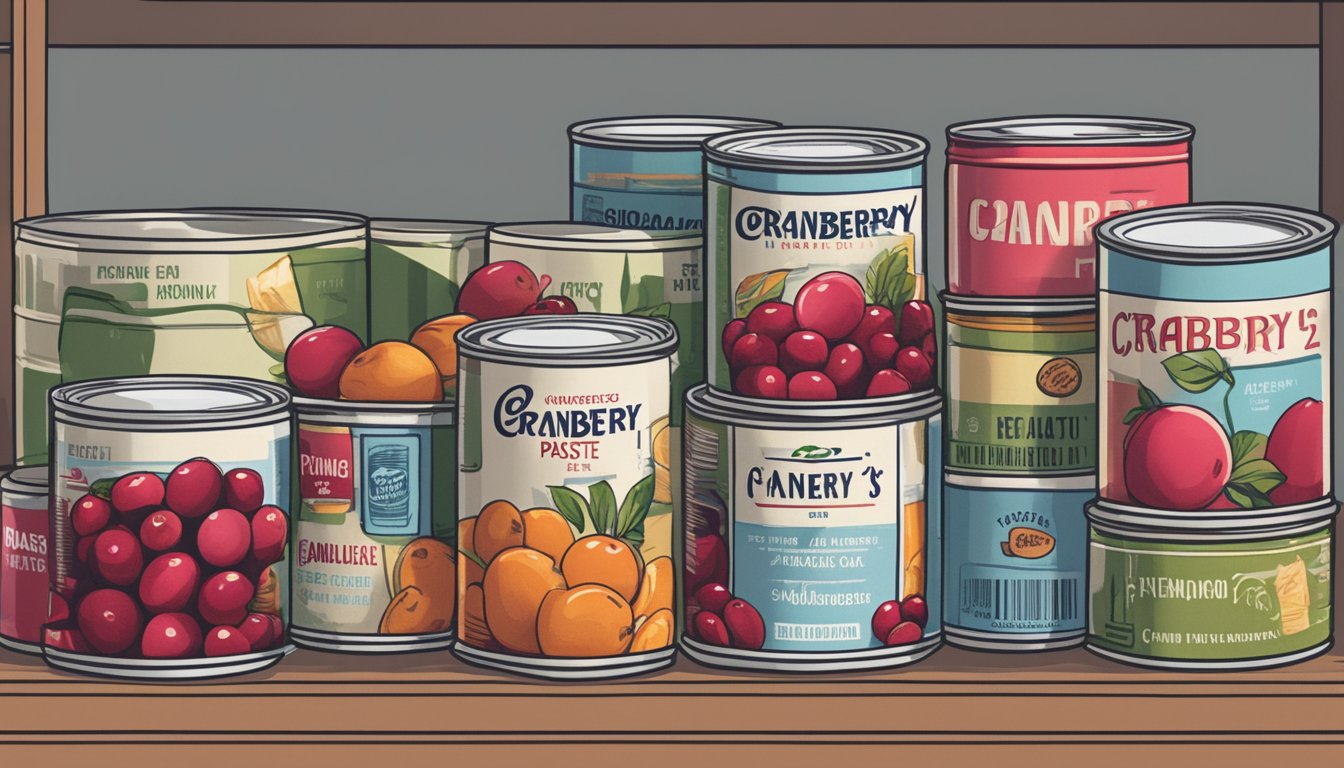 A can of cranberry paste sits on a shelf, surrounded by other canned goods. The label indicates the expiration date, and the can appears unopened and undamaged