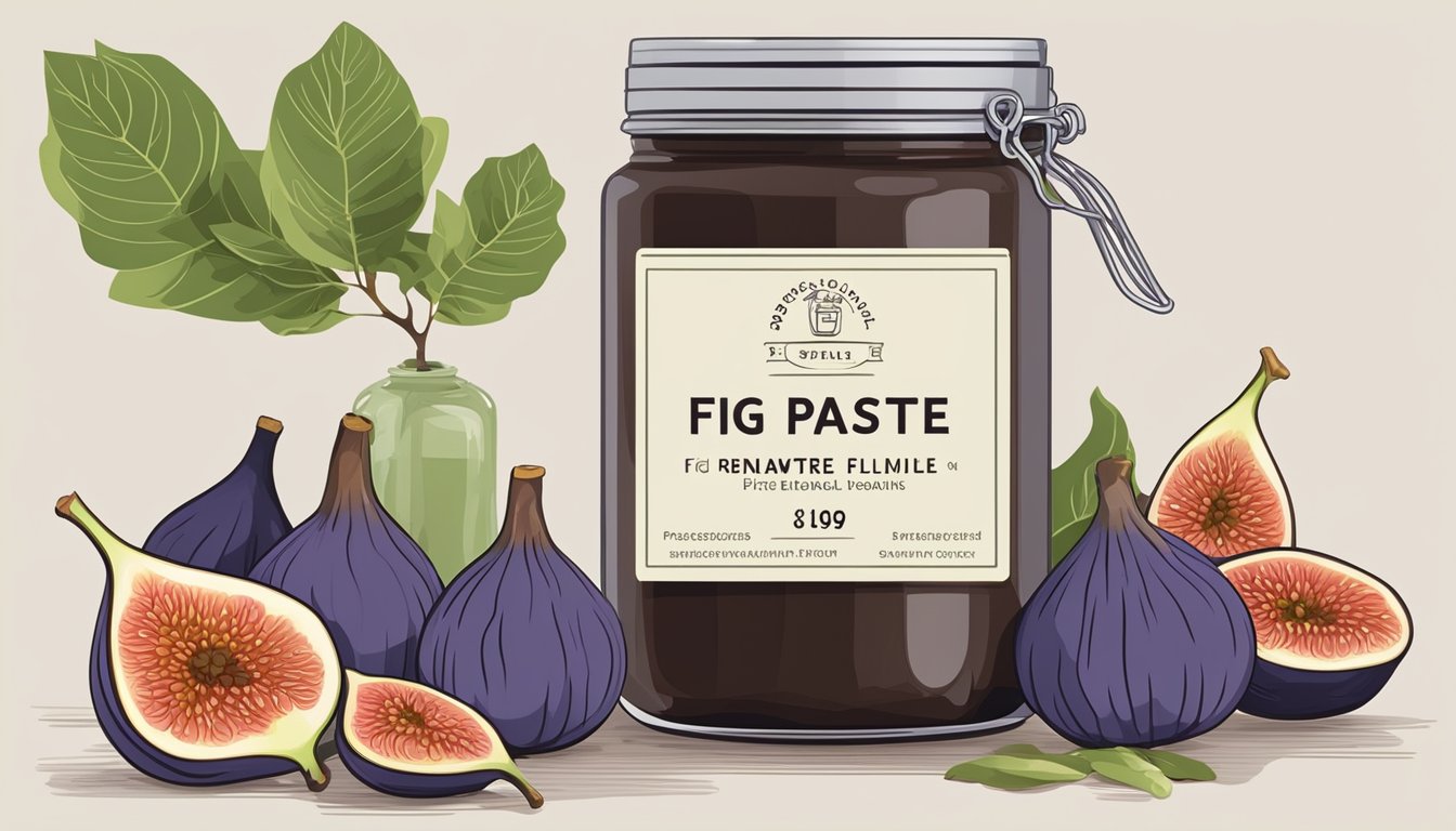 A jar of fig paste sits on a shelf, surrounded by fresh figs and a fig tree branch. The label on the jar indicates the nutritional profile of the paste