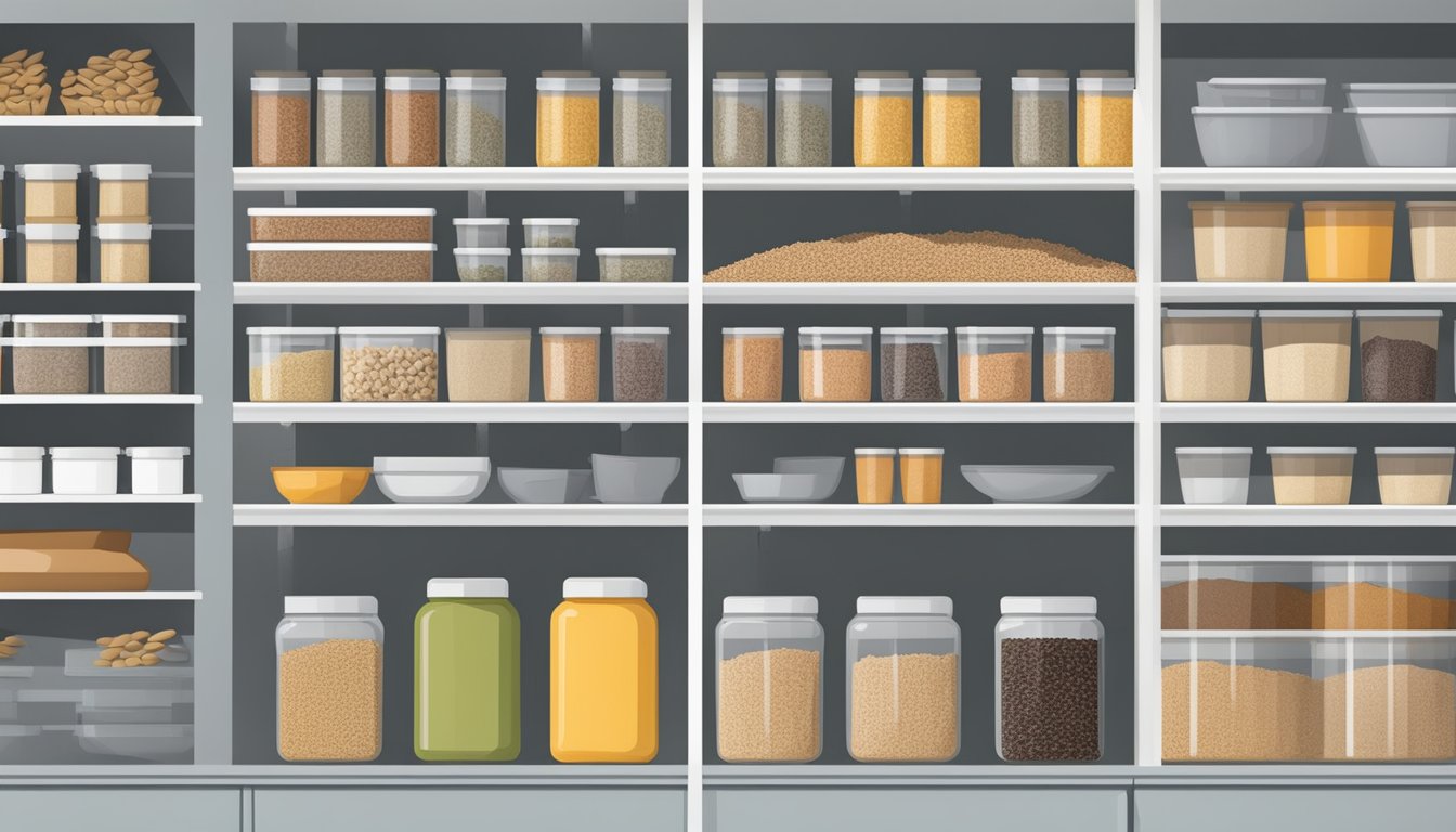 A pantry shelf with neatly organized rows of labeled, airtight containers filled with flaxseed fiber. A calendar on the wall indicates the date of storage