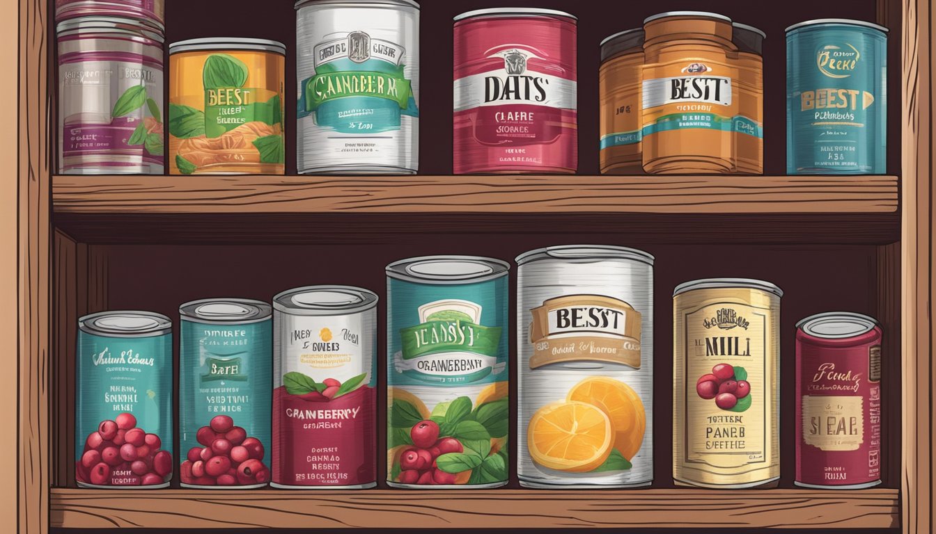 A pantry shelf with various canned goods, including a can of cranberry paste, with a "best by" date clearly visible