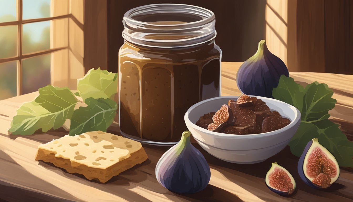 A jar of fig paste sits on a rustic wooden table, surrounded by fresh figs, cheese, and crackers. The warm afternoon light streams in through a nearby window