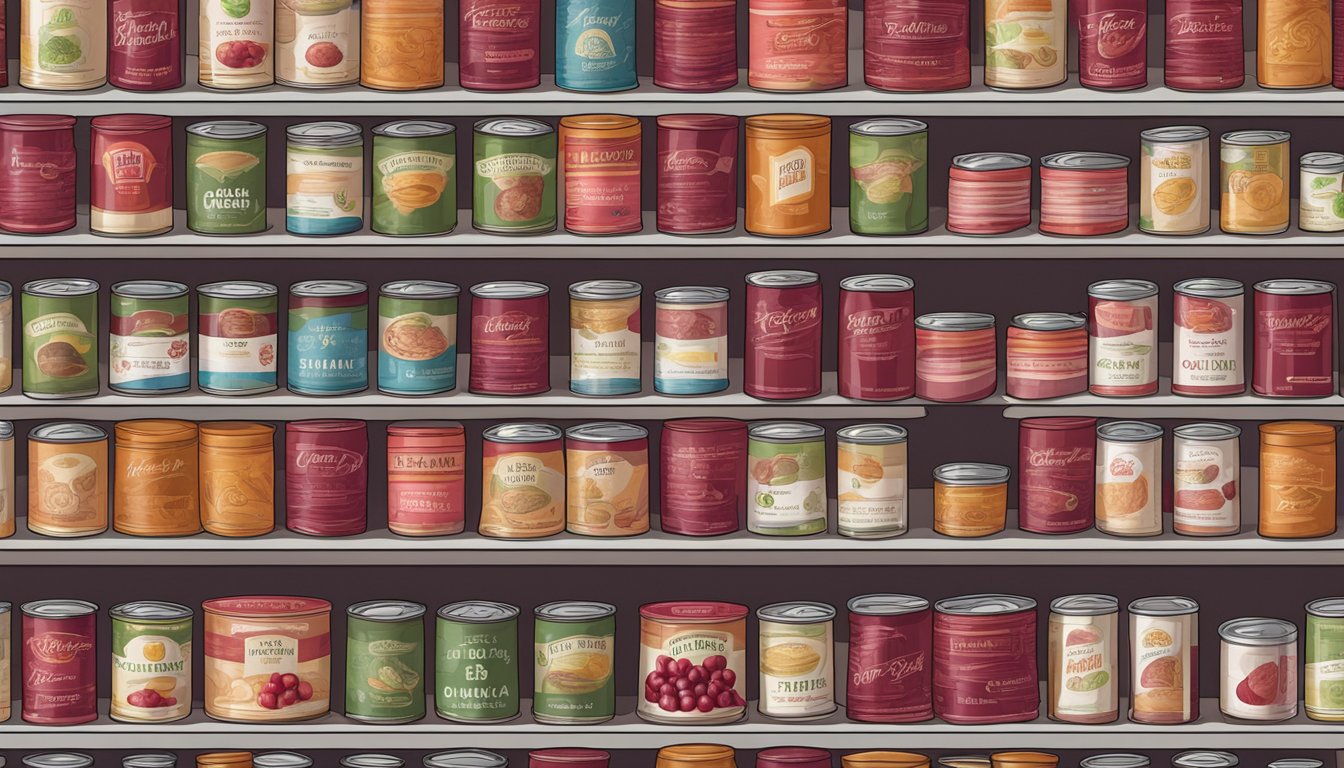 A pantry shelf with various canned goods, including a can of cranberry paste, with expiration date visible