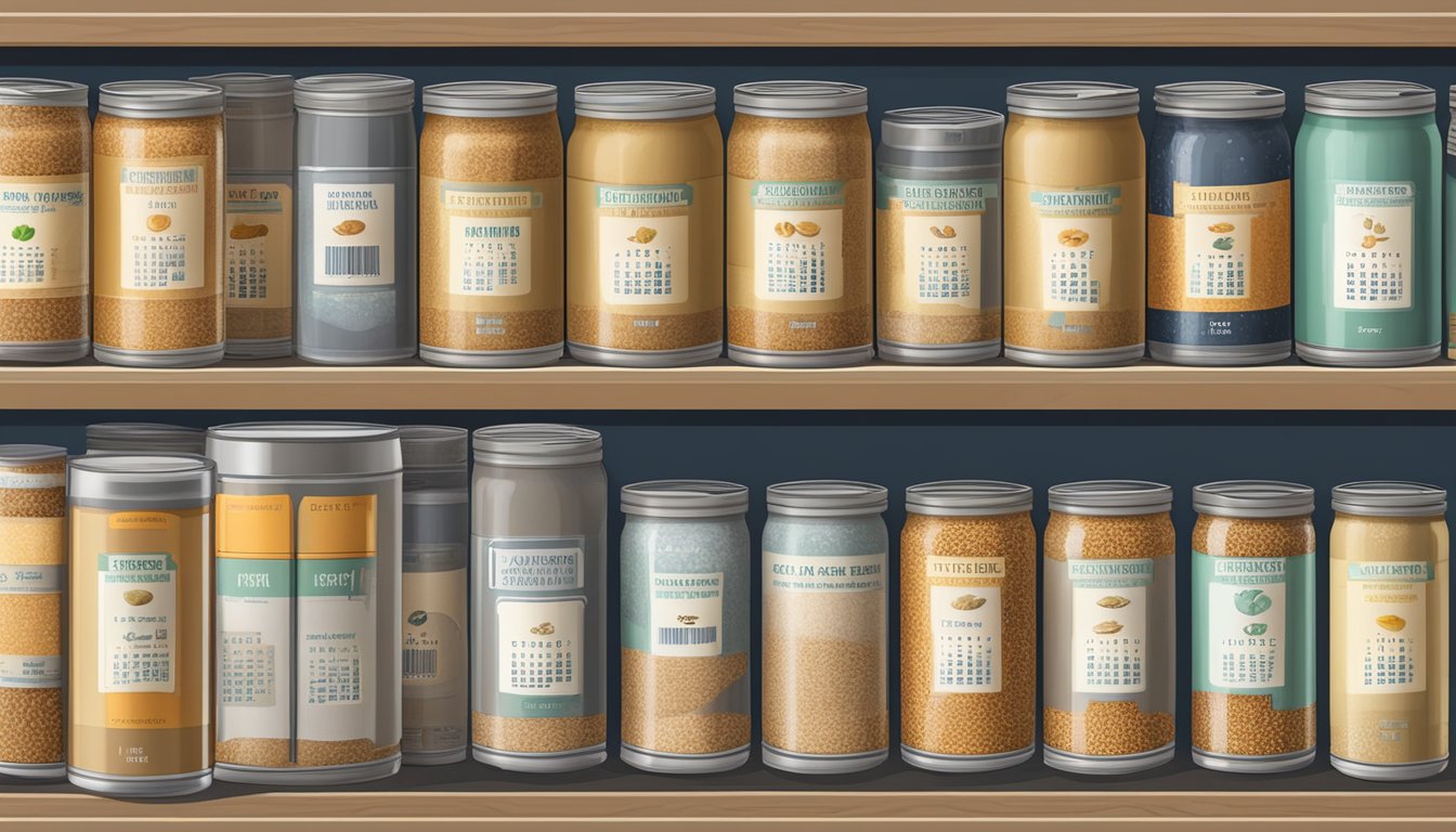 A pantry shelf with rows of canned flaxseed fiber, surrounded by various expiration date labels and a calendar