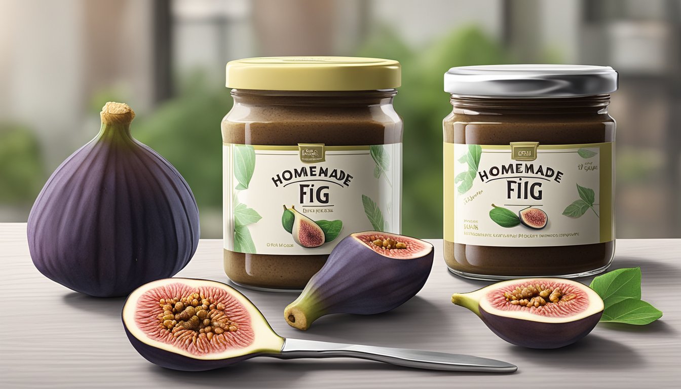 A jar of homemade fig paste sits next to a store-bought counterpart. The homemade paste is surrounded by fresh figs and a rustic knife, while the store-bought paste is on a clean, modern shelf