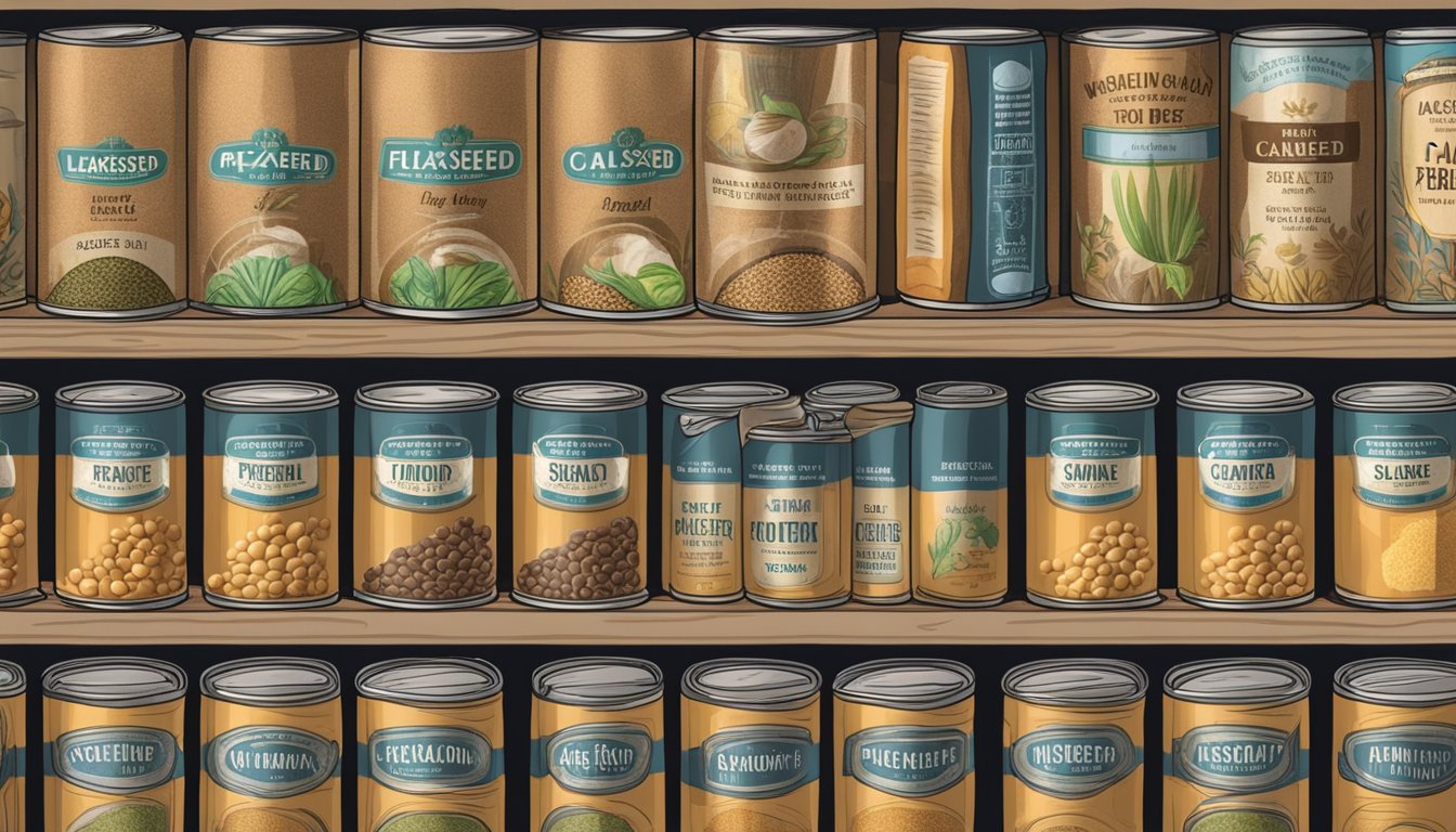 A pantry shelf filled with rows of canned flaxseed fiber, some cans showing signs of age and wear, while others appear fresh and new