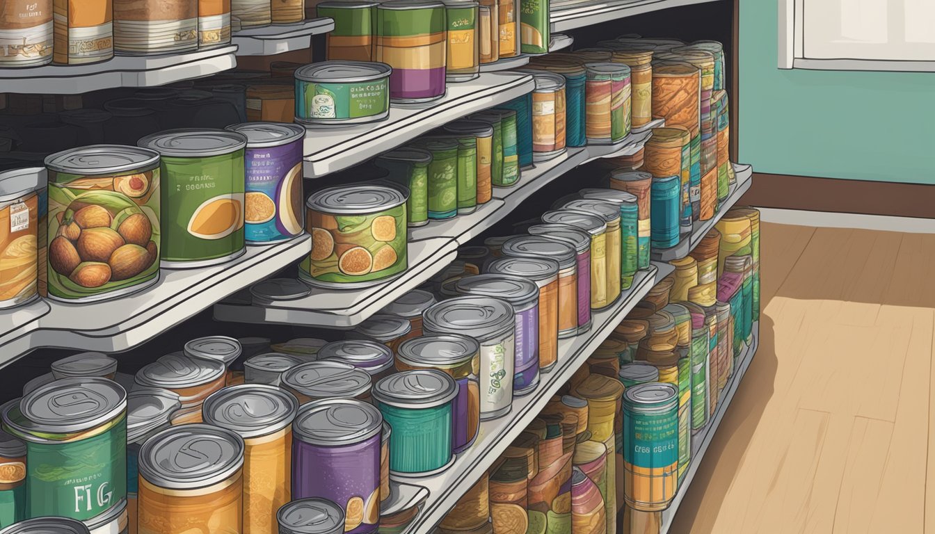 A can of fig paste sits on a shelf, surrounded by other canned goods. The label shows the expiration date