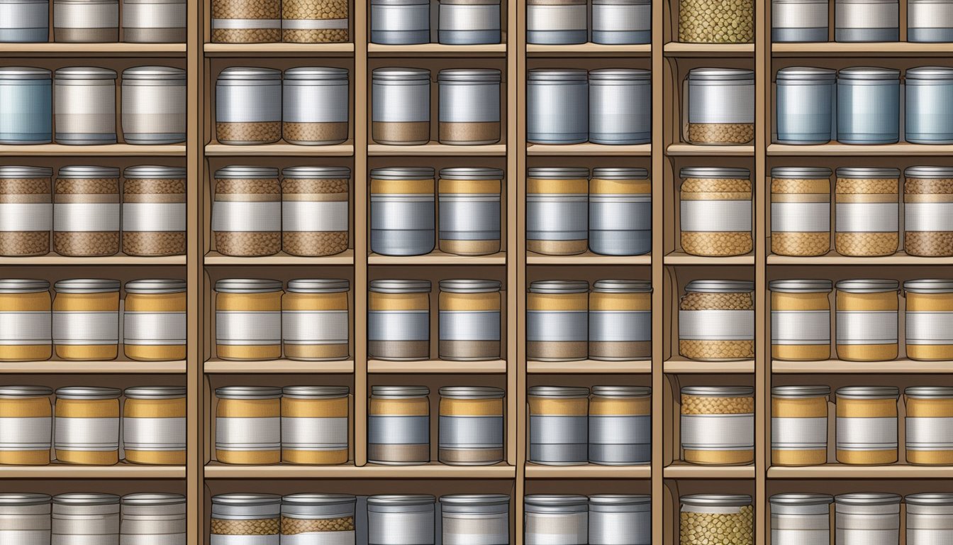 A pantry shelf with rows of canned flaxseed fiber, some with expiration dates visible