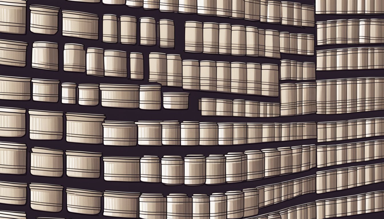 A pantry shelf with rows of canned elderberry syrup, some with expiry dates visible