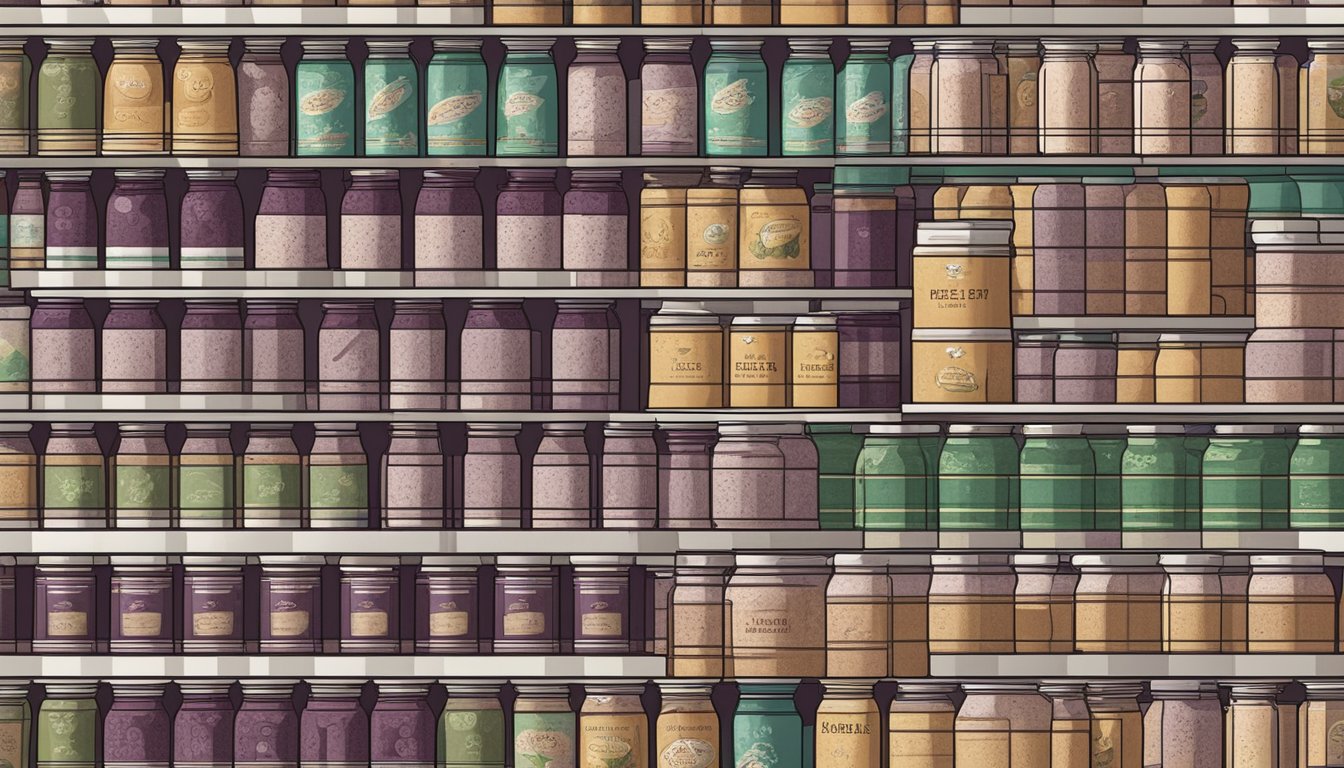 A pantry shelf with rows of canned elderberry syrup, some with expiration dates visible