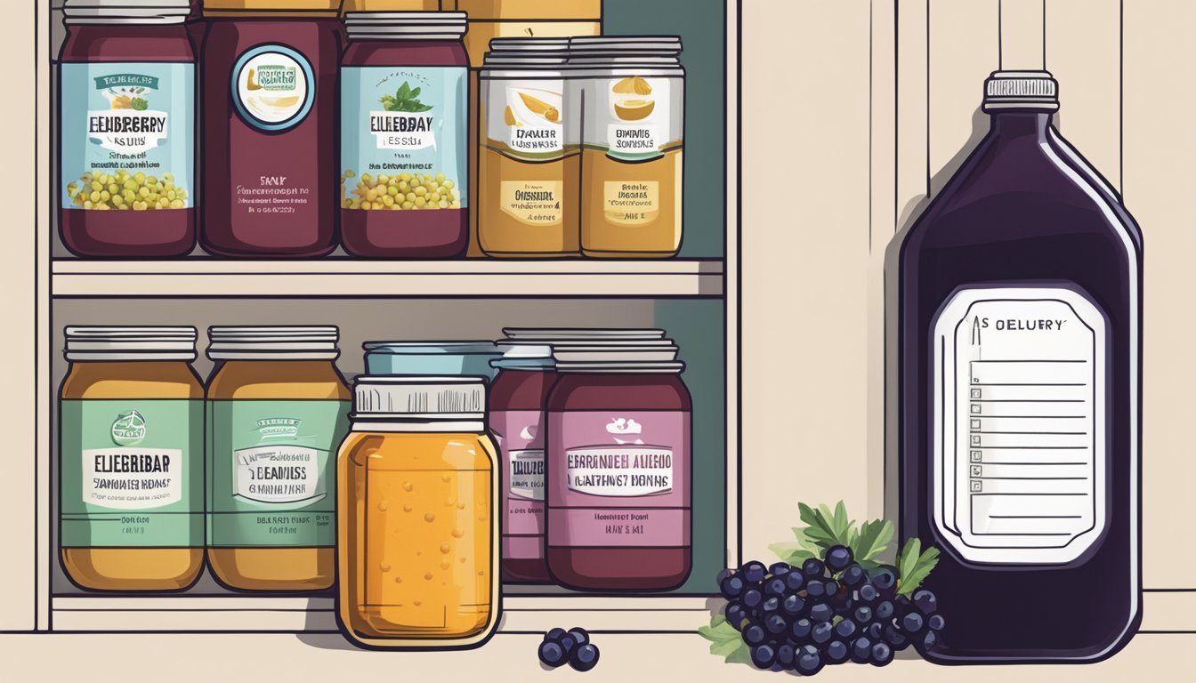 A pantry shelf with various canned goods, including elderberry syrup, next to a calendar showing expiration dates