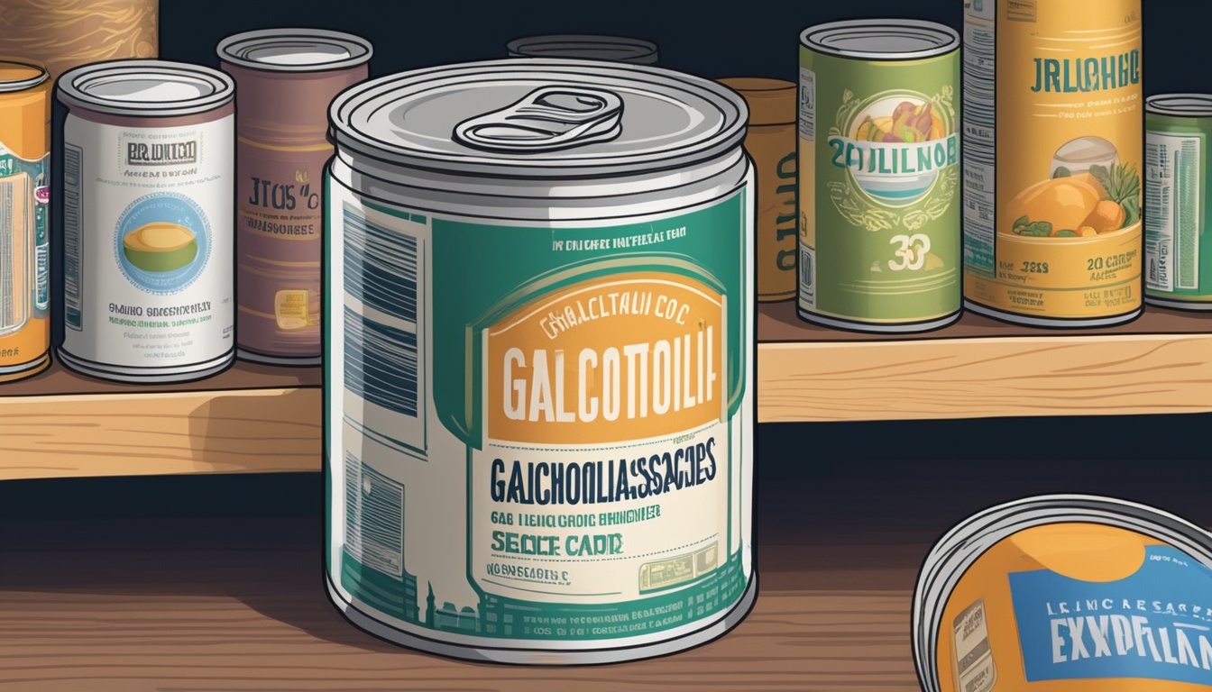 A can of galactooligosaccharides sits on a shelf, surrounded by other canned goods. The label indicates the expiration date, while the contents remain sealed and undisturbed