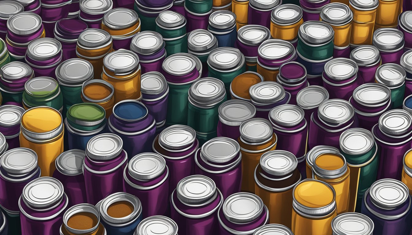 A pantry shelf with rows of canned elderberry syrup, some with expiration dates visible