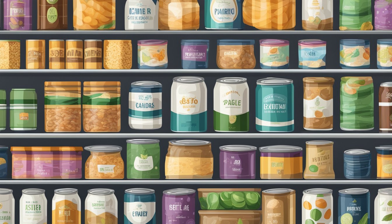 A pantry shelf with rows of canned GOS, some showing expiration dates, surrounded by various food items