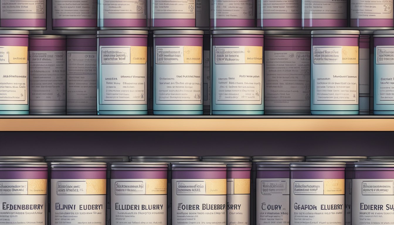 A shelf with a row of colorful canned elderberry syrup, some with expiration dates, and a small label indicating potential side effects