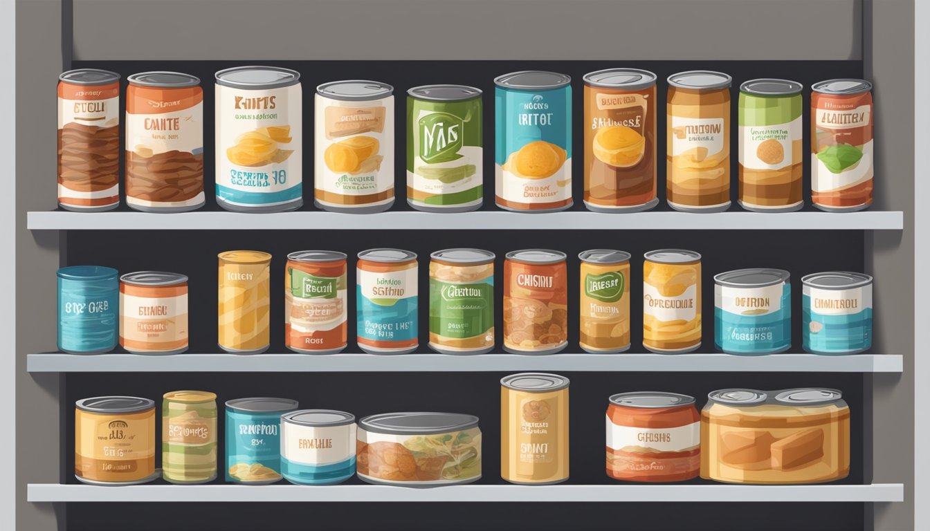 A pantry shelf with rows of canned GOS, surrounded by various food items and labeled with expiration dates