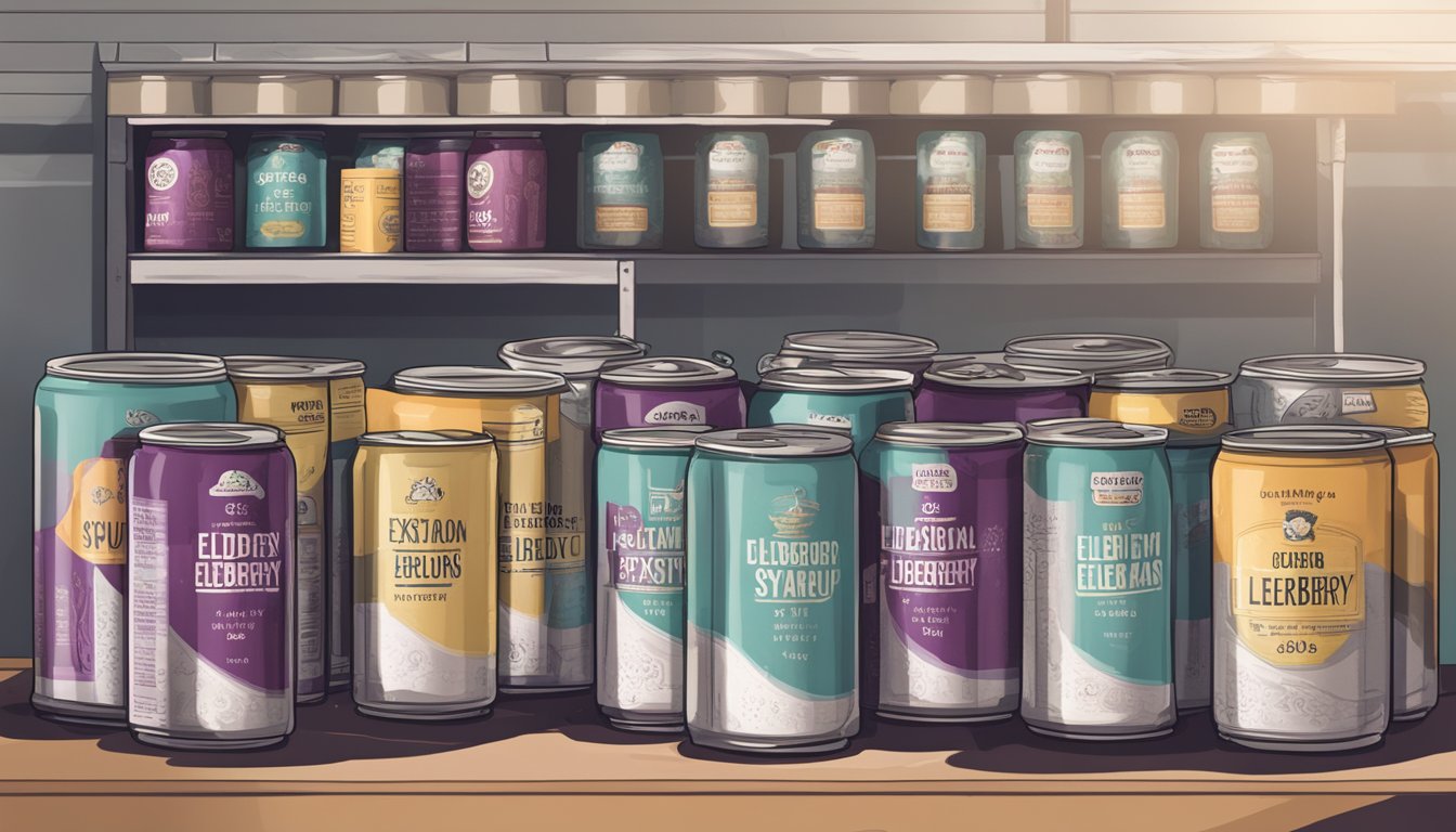 A shelf lined with canned elderberry syrup, some cans showing expiration dates while others are unopened and waiting to be tested