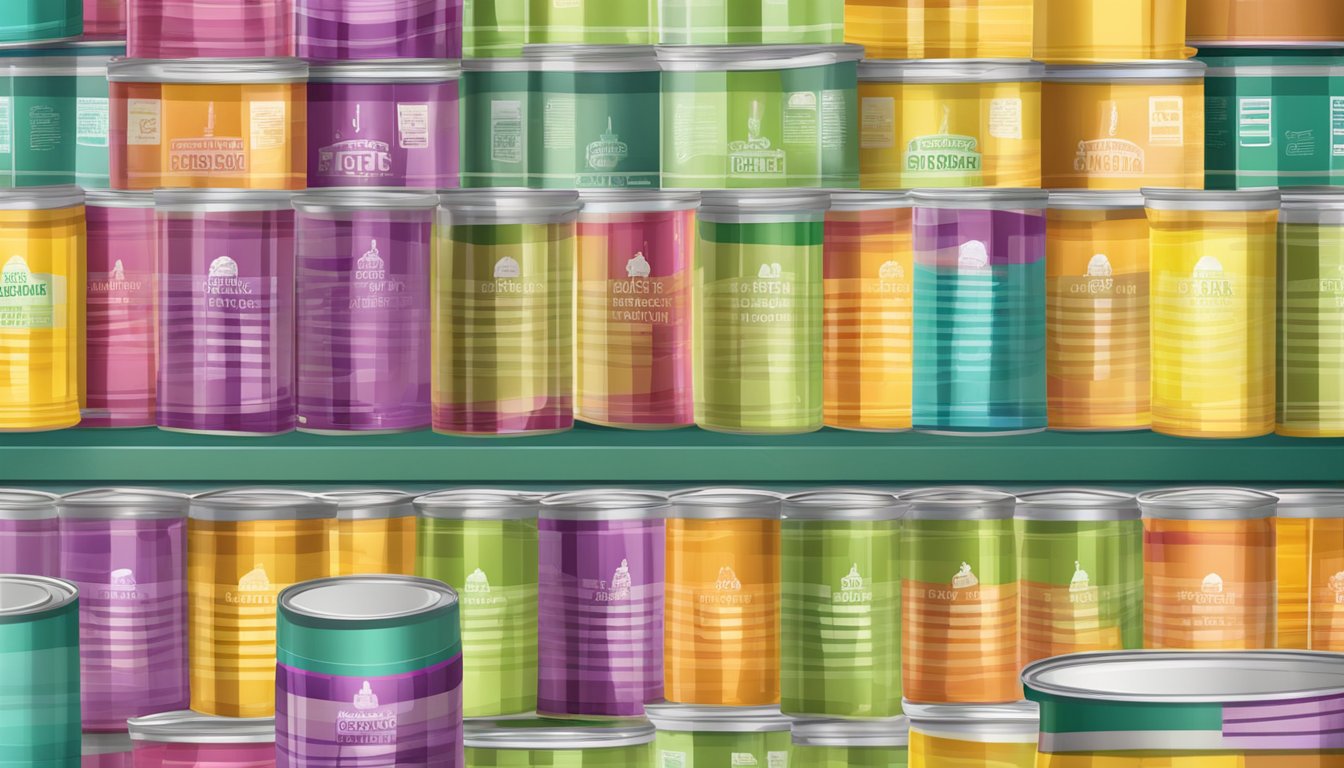 A shelf with rows of colorful canned ghee, each labeled with expiration dates