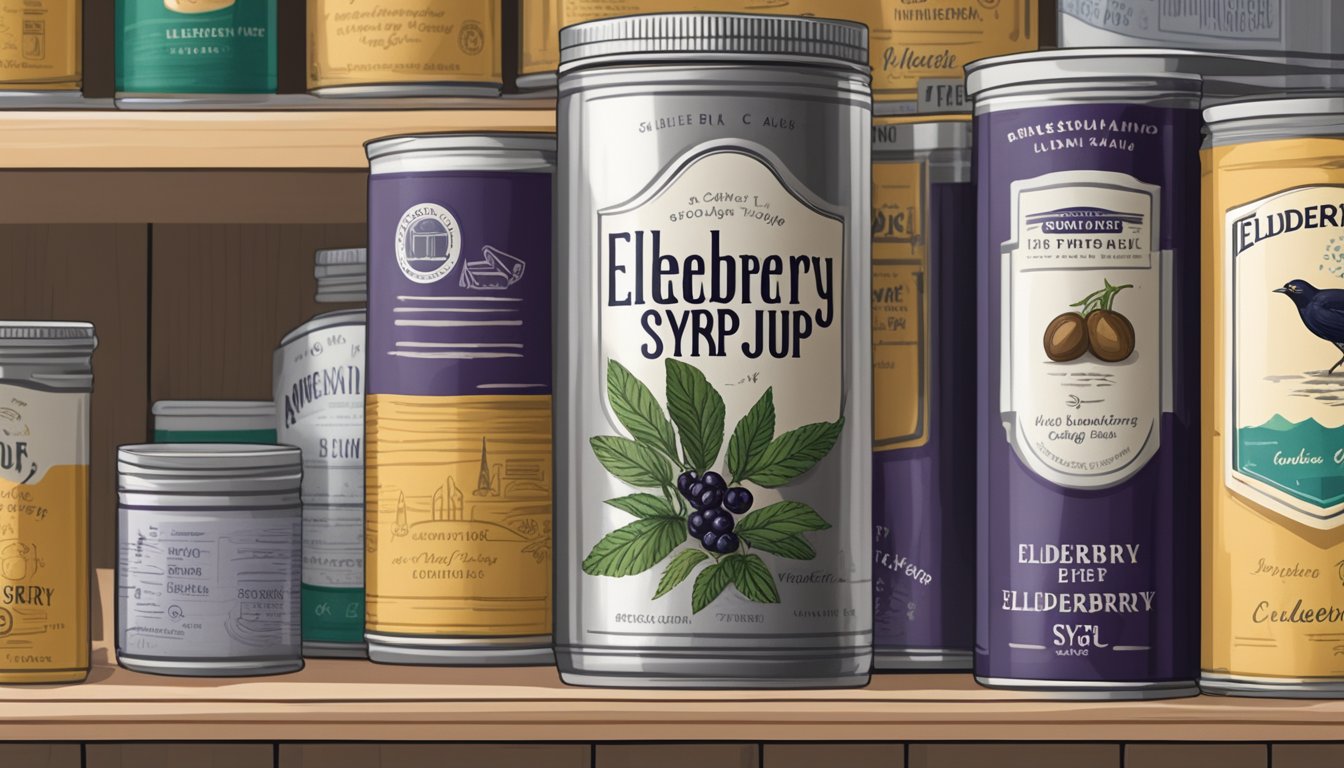 A labeled can of elderberry syrup sits on a shelf next to other canned goods. The can is sealed and undamaged, with a best-by date clearly visible