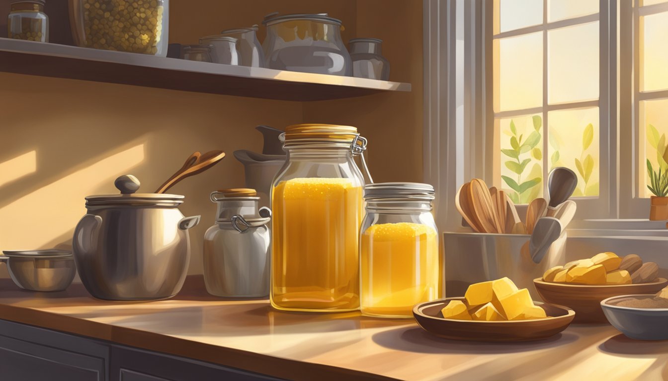 A jar of ghee sits on a kitchen shelf, surrounded by various spices and cooking utensils. The warm glow of the afternoon sun streams in through the window, casting a golden hue on the jar