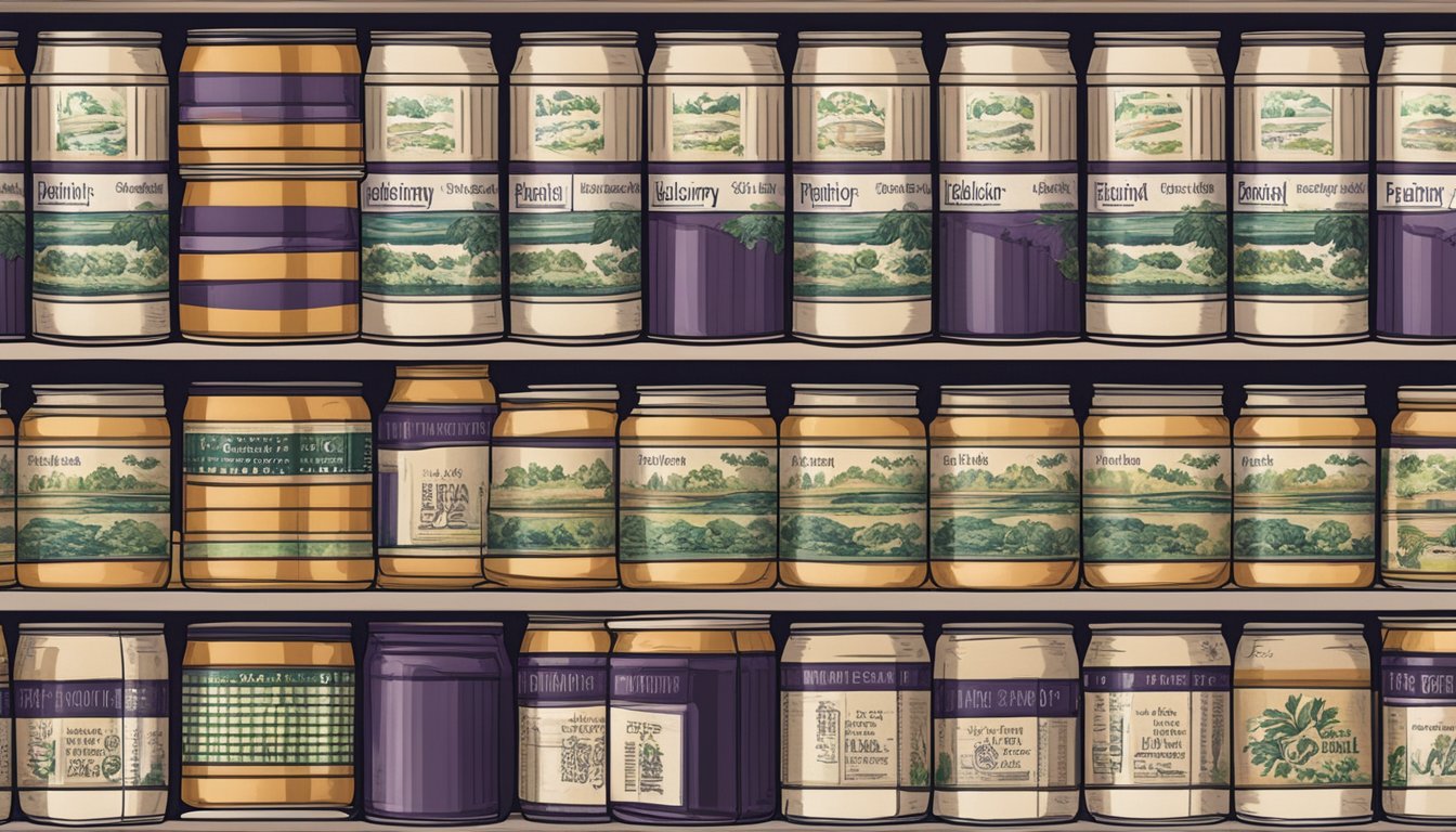 A pantry shelf with rows of canned elderberry syrup, some with expiration dates clearly visible