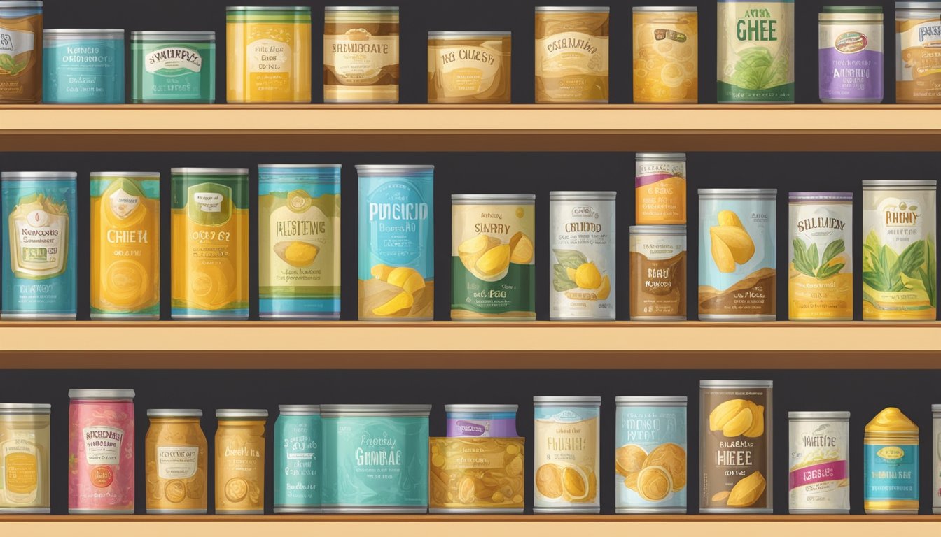 A pantry shelf with a row of canned ghee, some unopened and others showing signs of spoilage, such as discoloration or a rancid odor