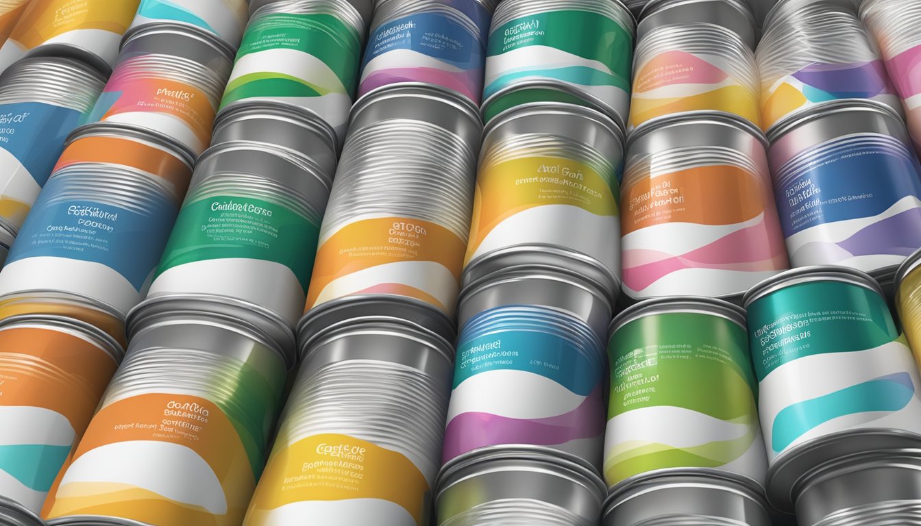 A stack of canned galactooligosaccharides (GOS) sits on a shelf, surrounded by various other prebiotics. Some cans are open, revealing the white powder inside