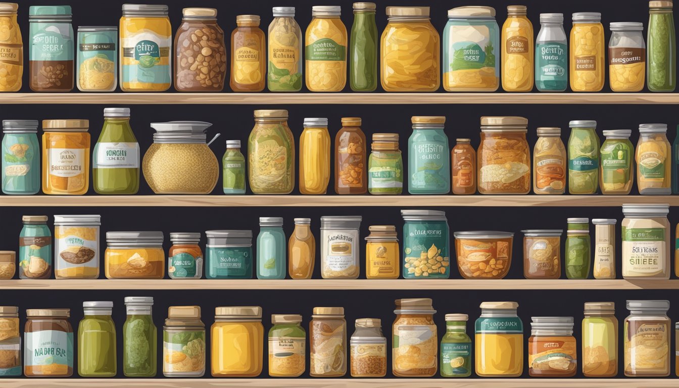 A pantry shelf with rows of canned ghee, some displaying expiration dates, surrounded by various cooking ingredients and utensils