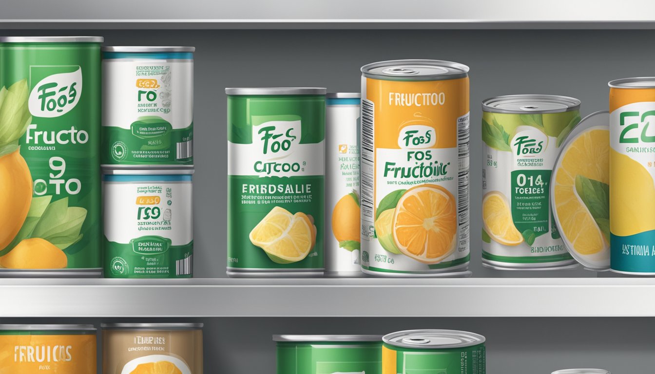 A can of fructooligosaccharides (FOS) sits on a shelf, surrounded by other canned goods. The label shows the expiration date, and the can appears unopened and in good condition