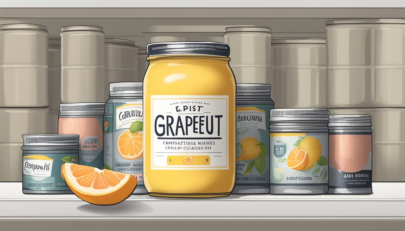 A jar of grapefruit curd sits on a shelf, surrounded by other canned goods. The label indicates the expiration date, while the creamy yellow curd inside appears smooth and spreadable