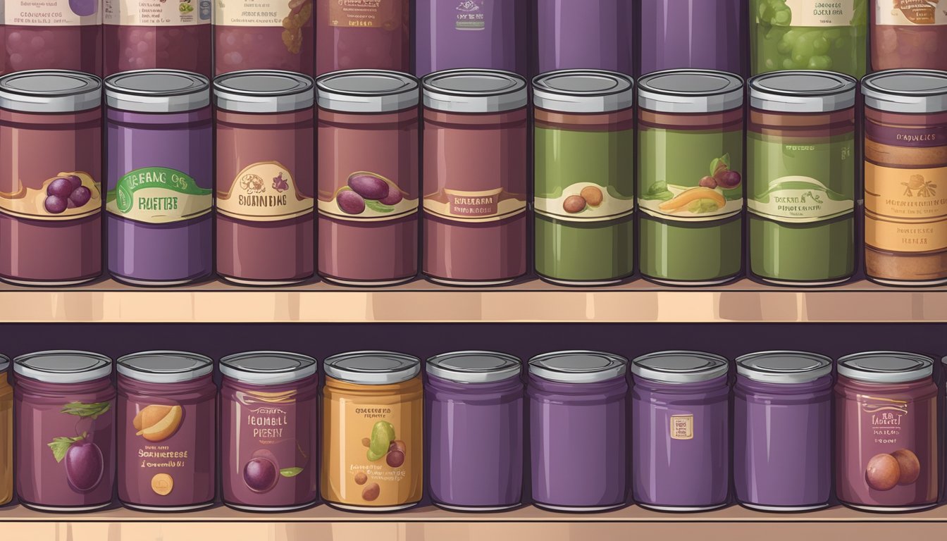 A pantry shelf with a neatly organized row of canned grape paste, some with expiration dates clearly visible