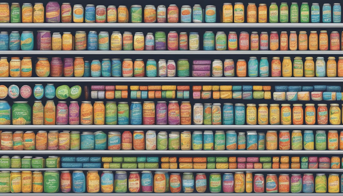 A shelf filled with rows of colorful canned fructooligosaccharides fos, each labeled with expiration dates