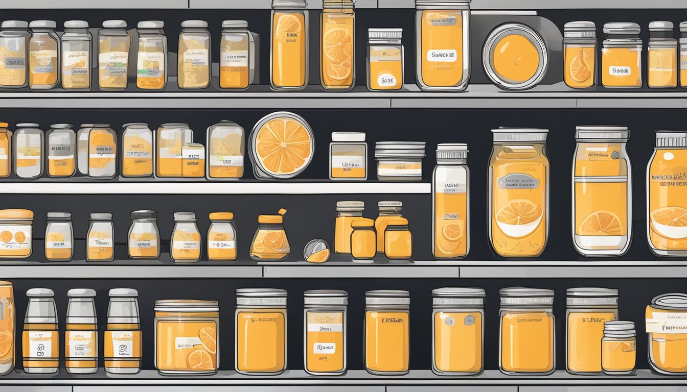 A shelf with canned grapefruit curd, surrounded by various expiration date indicators and temperature control devices