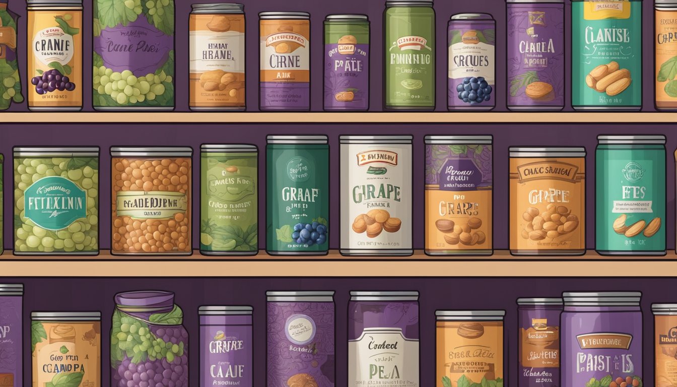 A pantry shelf with neatly organized rows of canned goods, including a labeled can of grape paste, surrounded by other canned foods