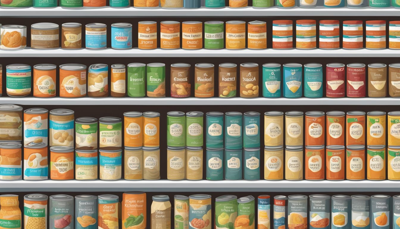 A pantry shelf with various types of canned food, including fructooligosaccharides (FOS), with expiration dates visible on the labels