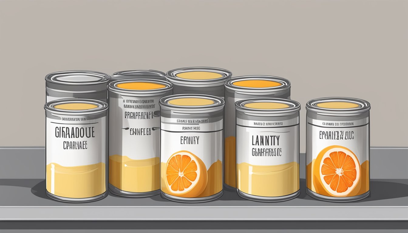 A pantry shelf with neatly organized canned grapefruit curd, labeled with expiration dates