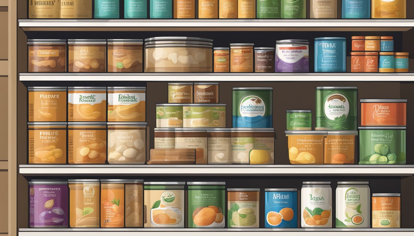 A pantry shelf with various canned foods, including fructooligosaccharides (FOS), with expiration dates clearly visible