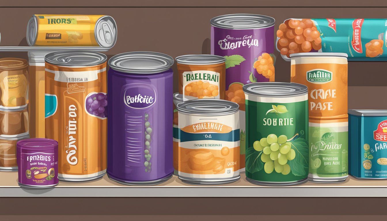 A pantry shelf with various canned goods, including a can of grape paste, with expiration dates visible