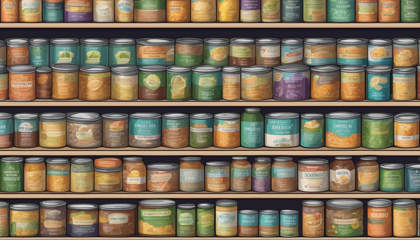 A pantry shelf with neatly organized rows of canned fructooligosaccharides, labeled with expiration dates