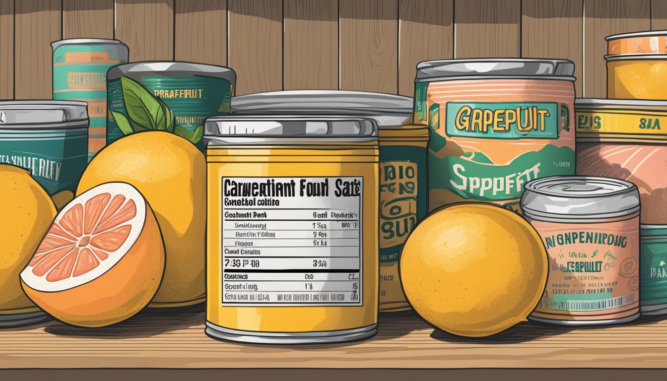 A can of grapefruit curd sits on a shelf, surrounded by other canned goods. The label indicates the expiration date